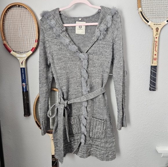 Lapis button down grey sweater size large wool tie waist penny lane Duster lapis - Picture 1 of 12